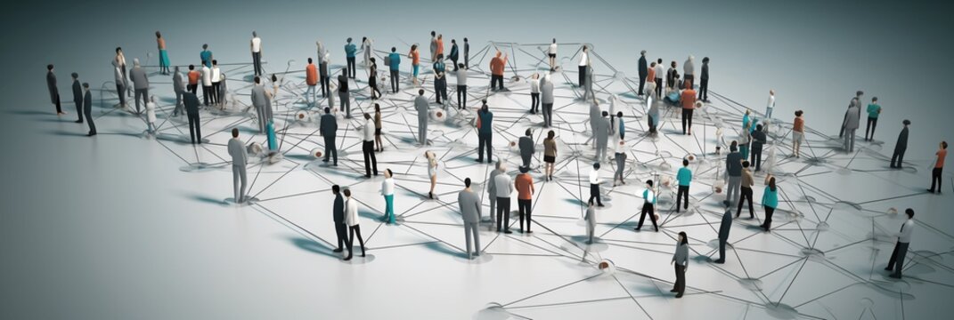 An interconnected web of diverse IT professionals collaborating on a shared project, with each individual contributing their unique expertise, surrounded. 3D Illustration, banner