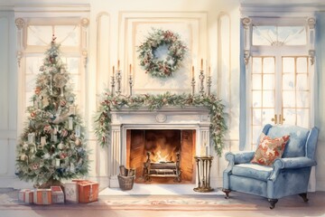 Fototapeta premium Watercolor illustration of Christmas interior of living room with fireplace, sofa, pillows, christmas tree and decor.
