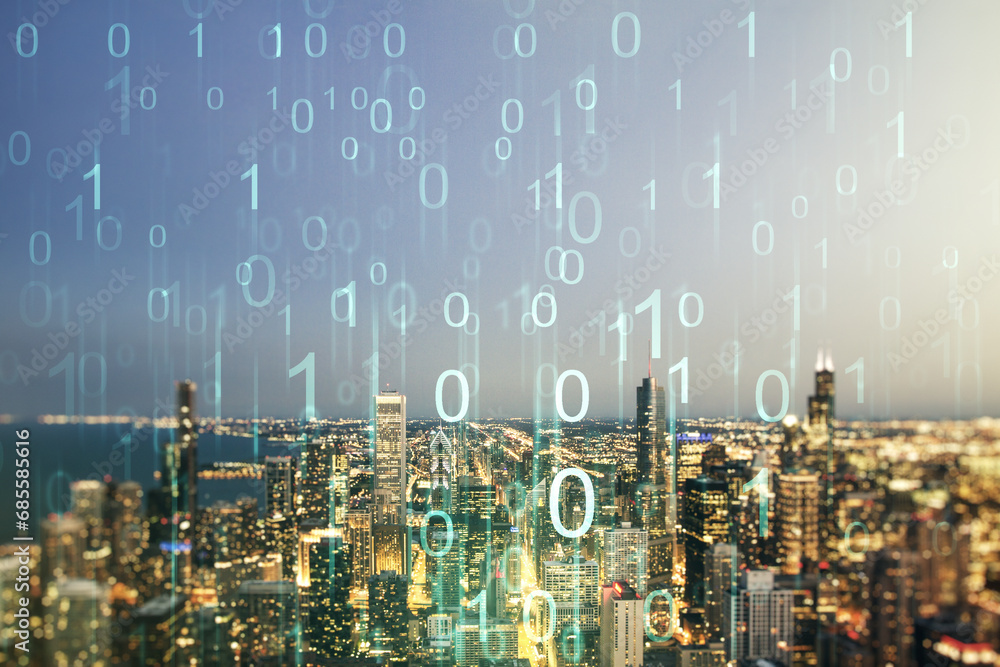 Poster abstract virtual binary code hologram on chicago cityscape background, ai and machine learning conce