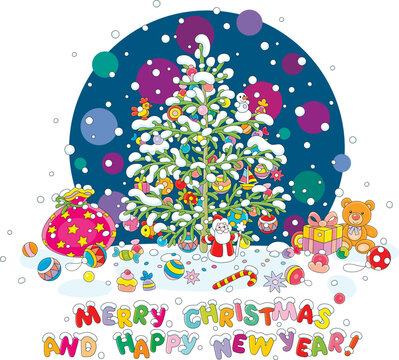 Christmas fir tree festively decorated with funny holiday toys, colorful balls, garlands and sweets on a snowy winter day, vector cartoon illustration