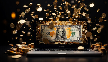 Money and coins emerging from a laptop - Concept of online earnings - obrazy, fototapety, plakaty