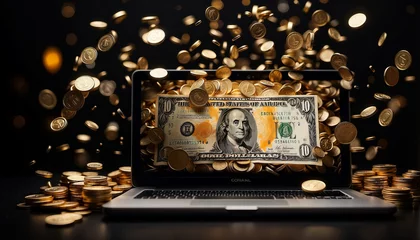 Fotobehang Money and coins emerging from a laptop - Concept of online earnings © AMERO MEDIA