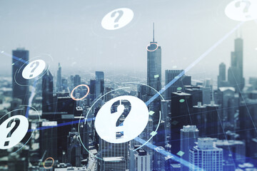 Abstract virtual question mark hologram on Chicago cityscape background, future technology concept. Multi exposure
