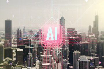 Creative artificial Intelligence symbol hologram on Chicago cityscape background. Double exposure