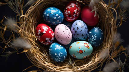 Fototapeta na wymiar Beautiful hand painted colorful Easter eggs in a basket close up, top view