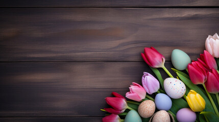Obraz na płótnie Canvas Spring tulips and colorful Easter eggs on the wooden background top view. Stylish spring template with space for text. Greeting card or banner