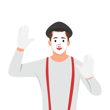 Mime cartoon character performing pantomime called Behind the wall. Flat style. Flat vector illustration isolated on white background