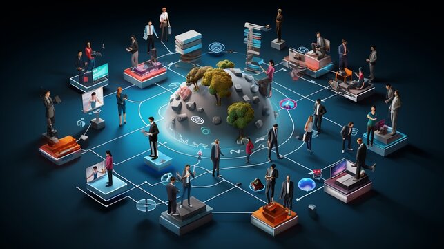 An interconnected web of diverse IT professionals collaborating on a shared project, with each individual contributing their unique expertise, surrounded. 3D Illustration, banner