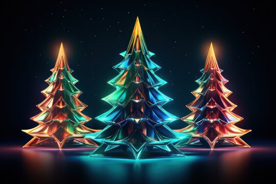 colorful hologram neon christmas trees 3d render set design illustration on black background