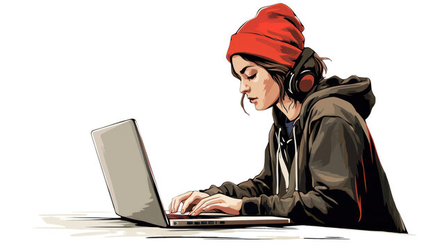 jeune femme, étudiante, en train de travailler sur son laptop, casque audio sur les oreilles - fond transaprent