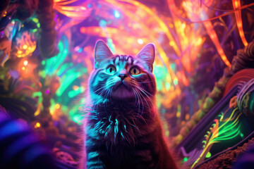 A vivid, multicolored cat gazes upwards. The concept is dreamy surrealism.