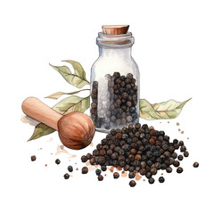 Culinary Art Black Pepper Watercolor Illustration on White Background
