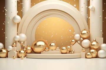 golden christmas podium 3d render design with arch, baubles for cosmetics and product photography