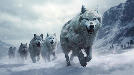 Naklejka premium A pack of Arctic wolves moving silently across a snowy terrain under a gray sky.