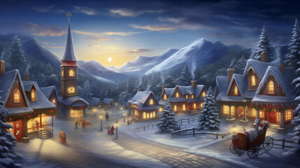 enchanting aerial view of a snow-kissed village adorned with twinkling lights, a majestic Christmas tree,  capturing the festive joy of the holiday season -Generative AI