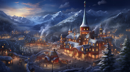 enchanting aerial view of a snow-kissed village adorned with twinkling lights, a majestic Christmas tree,  capturing the festive joy of the holiday season -Generative AI