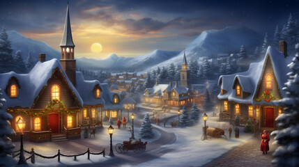 enchanting aerial view of a snow-kissed village adorned with twinkling lights, a majestic Christmas tree,  capturing the festive joy of the holiday season -Generative AI