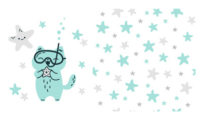 Vector set for printing on children's products. Cute cat scuba diver holding a starfish, seamless vector pattern in gray-blue colors with starfish . Vector illustration