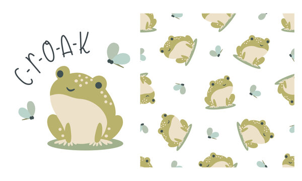 Vector set for printing on children's products. Cute print for printing and seamless vector pattern. Cute frog and dragonflies . Vector illustration