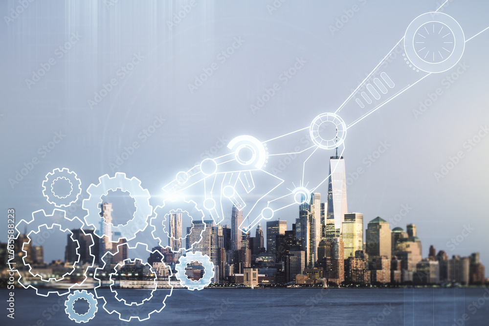 Aufkleber abstract virtual robotics technology sketch on manhattan office buildings background, future technol