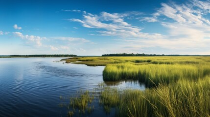 Fototapeta na wymiar A panoramic view of a coastal marshland at high tide, with water reflecting the blue sky and marsh grass swaying gently.