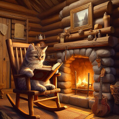 A cat sits by the fireplace, engrossed in a book.