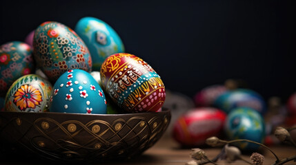 Fototapeta na wymiar Beautiful hand painted colorful Easter eggs in a basket close up