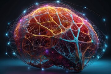 Intricate web of neural networks in neon colors