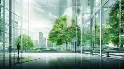Sustainable green building. Eco-friendly building. Sustainable glass office building with tree for reducing carbon dioxide. Office with green environment. Corporate building reduce CO2. Safety glass. - obrazy, fototapety, plakaty