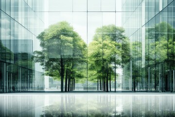 Sustainable green building. Eco-friendly building. Sustainable glass office building with tree for...