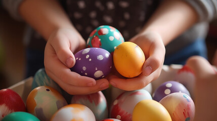 Child hand holding colored Easter eggs for painting close up - Powered by Adobe