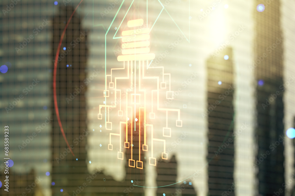 Aufkleber virtual creative light bulb illustration with microcircuit on modern architecture background, future