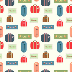 Colorful travel bags, suitcases, seamless pattern, luggage collection, travel illustration.