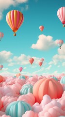 Dreamy Hot Air Balloons in a Simple Sky. 3D Illustration.