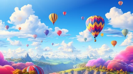 Dreamy Hot Air Balloons in a Simple Sky. 3D Illustration.