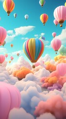 Dreamy Hot Air Balloons in a Simple Sky. 3D Illustration.