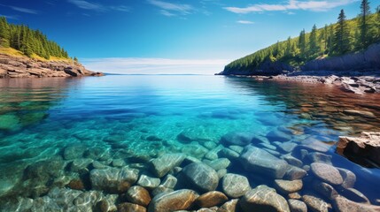 Fototapeta na wymiar A panoramic view of a serene coastal bay with crystal-clear water and a pebble beach.