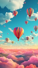 Dreamy Hot Air Balloons in a Simple Sky. 3D Illustration.