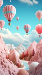 Dreamy Hot Air Balloons in a Simple Sky. 3D Illustration.