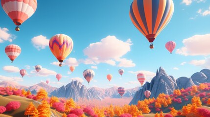 Dreamy Hot Air Balloons in a Simple Sky. 3D Illustration.