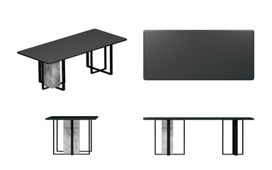 working table with stenless leg and black top ,isometric, top view, font view, side view, isolated,perspective, rendering ,png
