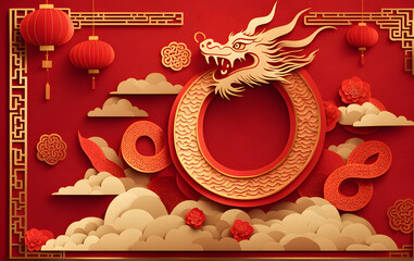 paper style chinese new year festival celebration with dragon give empty space for text