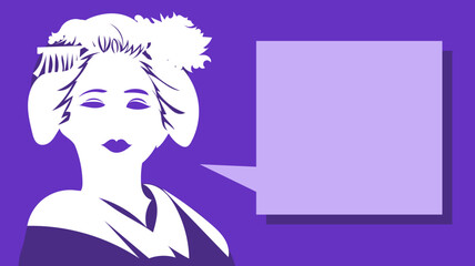 紫色の背景で日本髪を結った着物姿の和風美人は京都祇園の舞妓さんで吹き出し付きの話しているイラスト