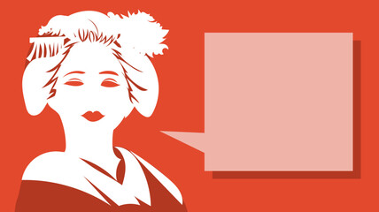 朱色の背景で日本髪を結った着物姿の和風美人は京都祇園の舞妓さんで吹き出し付きの話しているイラスト