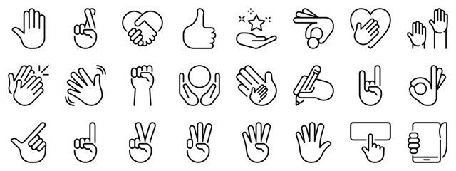 Icon set about hand gestures. Line icons on transparent background with editable stroke.
