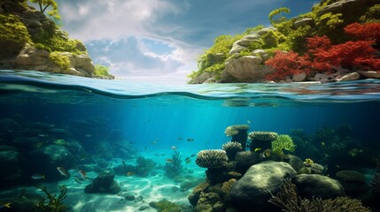 Naklejka premium A picturesque scene of a coral reef visible through crystal clear waters in the littoral zone.