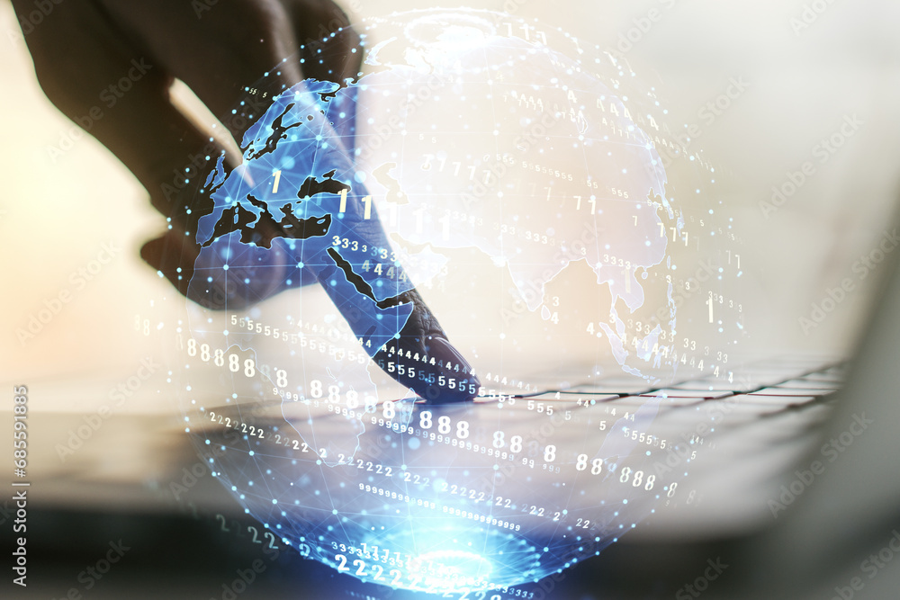 Poster double exposure of abstract programming language hologram with world map and hands typing on laptop 