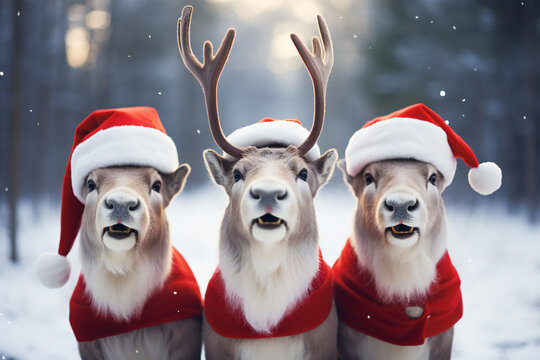 Three funny reindeers wearing red hats in the snow