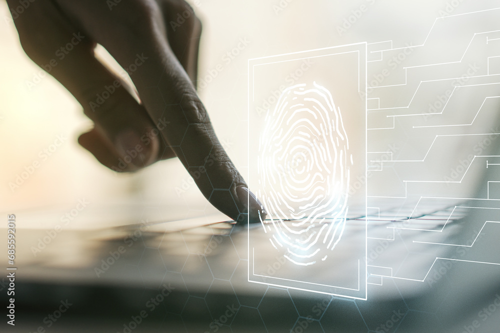 Aufkleber Multi exposure of abstract fingerprint scan interface with hands typing on computer keyboard on background, digital access concept