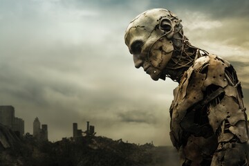 biomechanical disintegrating robot in form of human against the background of post apocalyptic landscape, with destroyed buildings and gloomy environment